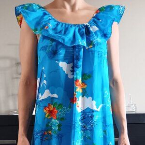 Vintage Hawaiian Maxi Dress Blue Floral Print Lightweight 1970s Off-Shoulder